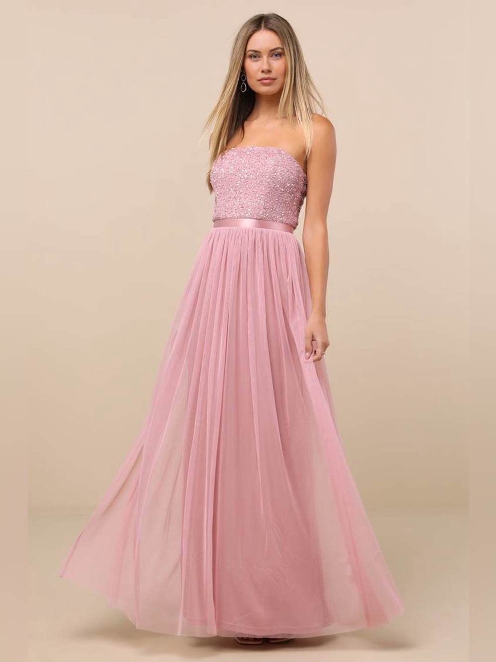 LULUS | Lonica Sequin Beaded Strapless Maxi Dress